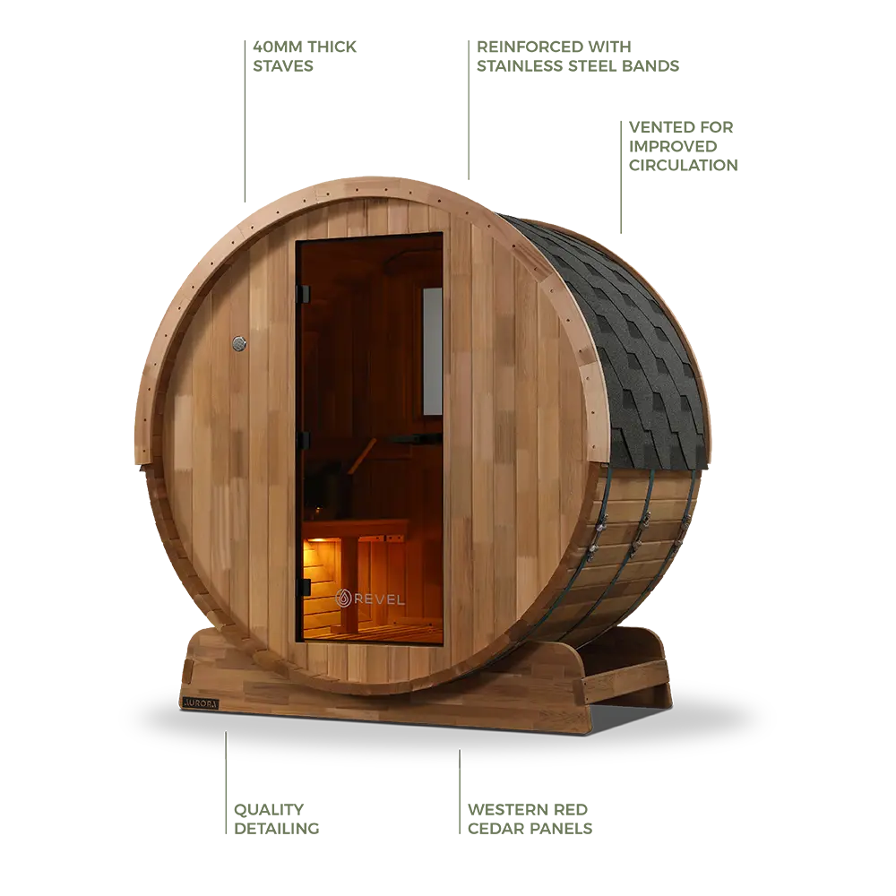 Revel Aurora - 2 Person Traditional Cedar Barrel Sauna - Next Gen Revel Saunas
